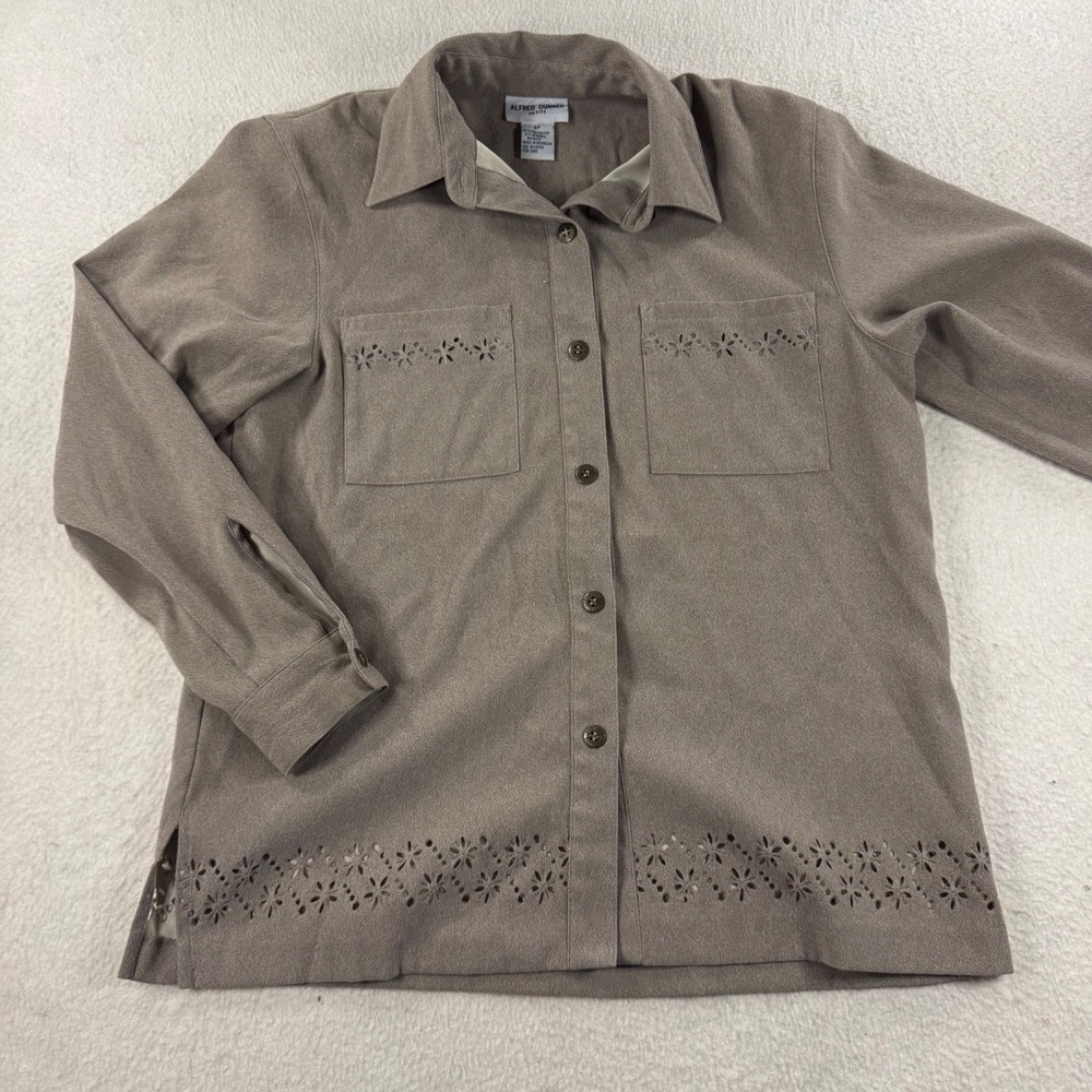 Alfred Dunner Button Down Shirt Women 6P Taupe Eyelet Suede Feel Prairie Earthy